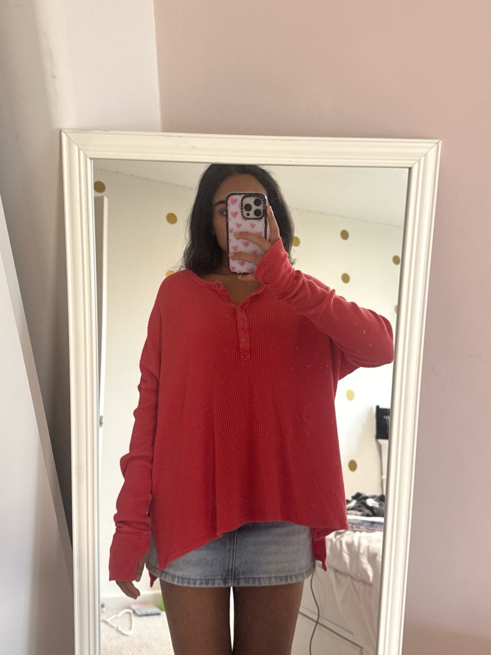 aerie Coral Red Waffle Henley Top